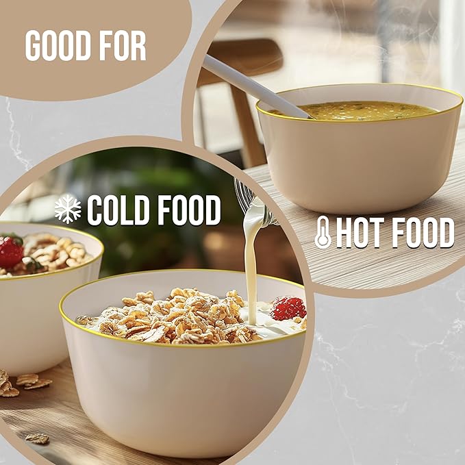 Trendables Plastic Bowls Disposable Bowls 24 Oz Bowl Set Of 50 Ivory Gold Rimmed Fancy Plastic Serving Bowls Perfect Plastic Ice Cream Bowls Plastic Salad Bowls Plastic Candy Bowl