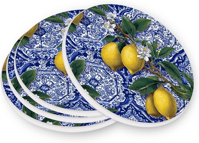 Coasters for Drinks Coaster Drink Set Decorative Coffee Table Desk Cup Mat Spring Cute Cork Bar Backing Round Home Decor Blue Retro Flower Lemon22