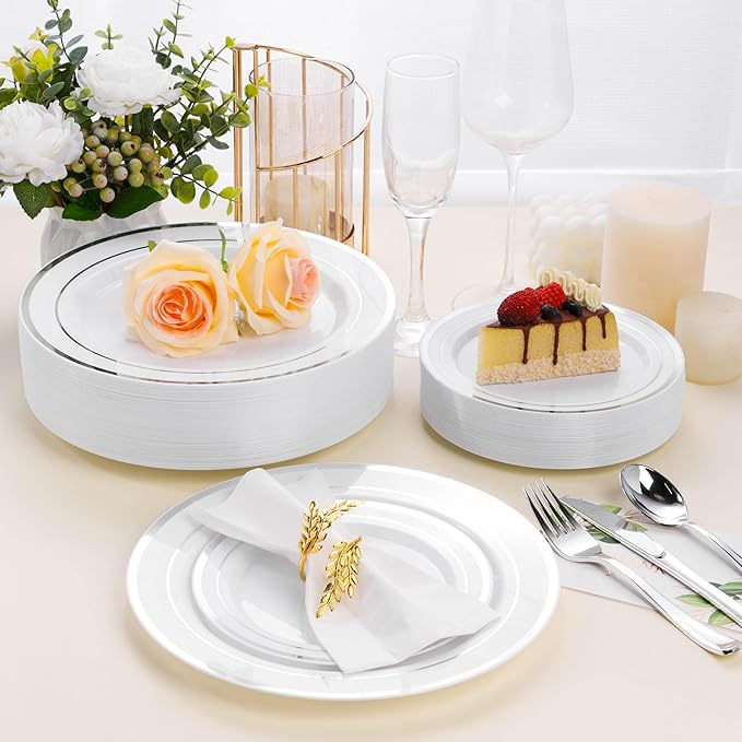 BESTSTAR 100PCS White Plastic Plates for Party, 10.25 Inch Disposable Plates with Silver Rim, Heavy Duty Dinner Plates for Christmas, Wedding and Birthday