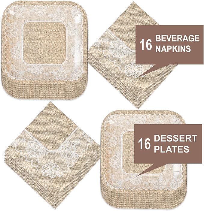 HOME & HOOPLA Wedding Party and Bridal Shower Rustic Burlap and Lace Paper Dessert Plates and Beverage Napkins (Serves 16)