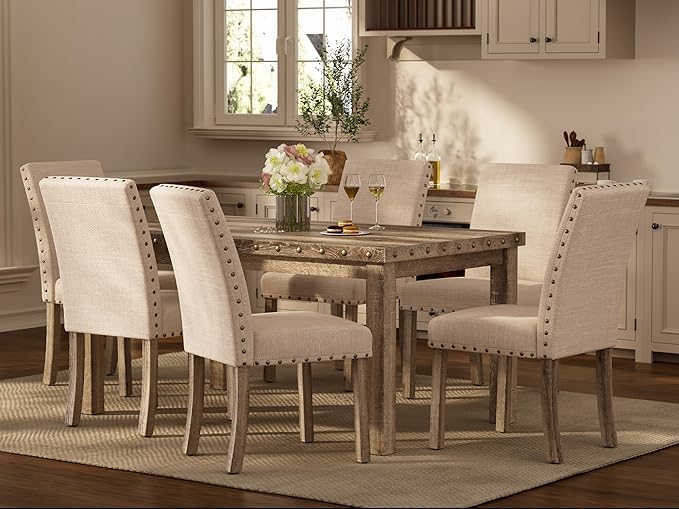 Morden Fort Rustic Dining Table Set for 6, Farmhouse Kitchen Dining Chairs for 6, Charming 60" Rectangular Wooden Table&6 Upholstered Chair with Nailhead Accents for Dining Hub,Breakfast Nook