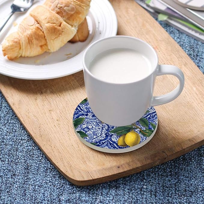 Coasters for Drinks Coaster Drink Set Decorative Coffee Table Desk Cup Mat Spring Cute Cork Bar Backing Round Home Decor Blue Retro Flower Lemon22