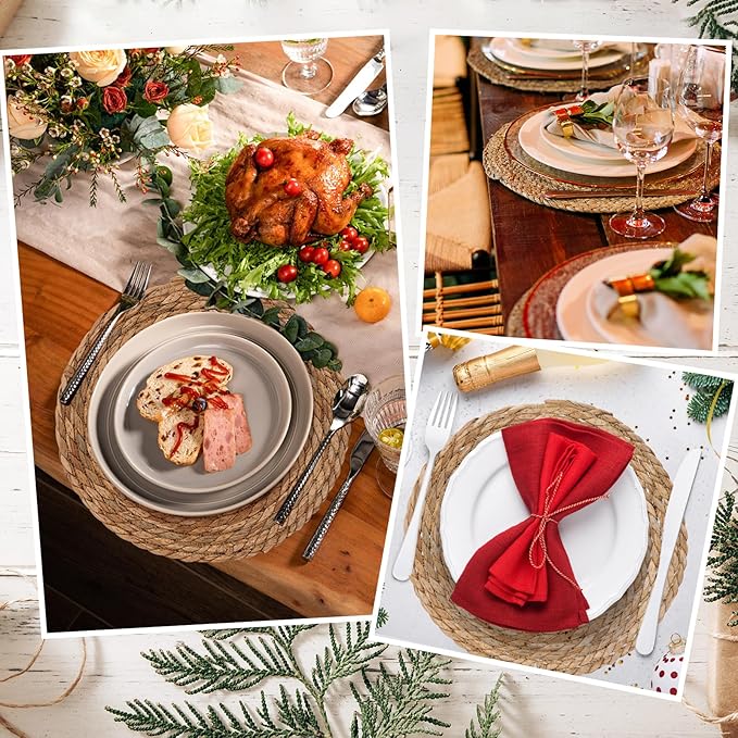GENMOUS Woven Placemats Set of 12, 13" Round Placemats Natural Water Hyacinth Boho Placemats,Farmhouse Rattan Chargers for Dinner Plates,Rustic Braided Wicker Table Mats for Dining Table,Home,Wedding