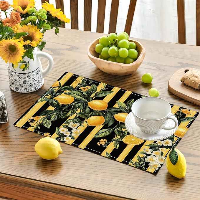 Lemon Placemats Set of 6, Yellow Lemon Place Mats, Fruit Waterproof Washable Table Mats for Home Party Indoor Kitchen Dining Table Decoration 12x18 Inch