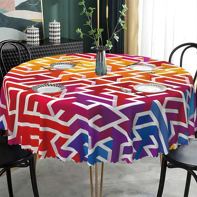 Laeacco 24 Inch Maze Round Tablecloth Colorful Labyrinth Texture Modern Geometric Abstract Art Print Table Cloth Washable Waterproof Wrinkle Free Table Cover for Kitchen Dining Picnic Party Decor