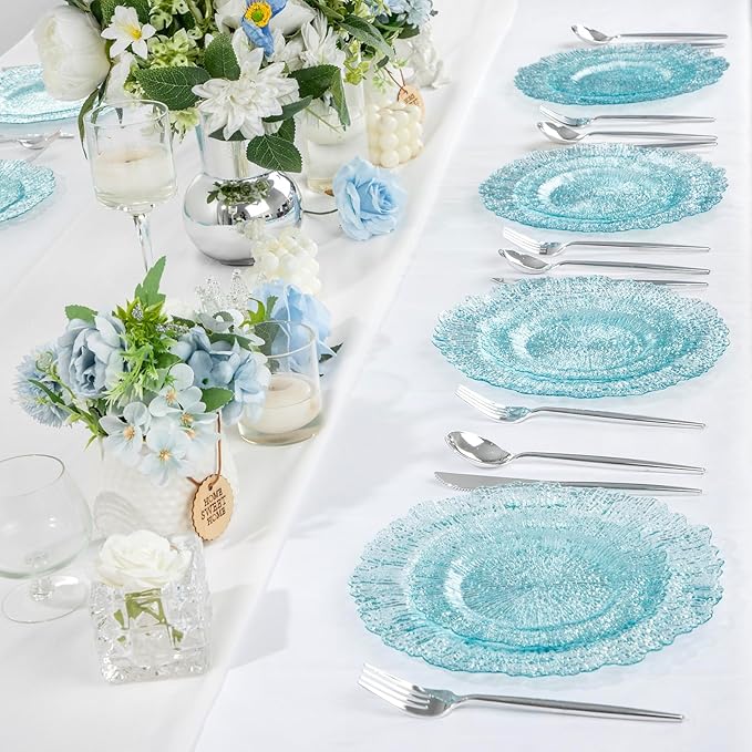 U-QE 60PCS Clear Blue Plates - Glitter Blue Plastic Hanukkah Plates Disposable&Reusable - Heavy Duty Plastic Plate for Hanukkah, Party&Wedding Including 30 Dinner Plate 10" & 30 Appetizer 7"