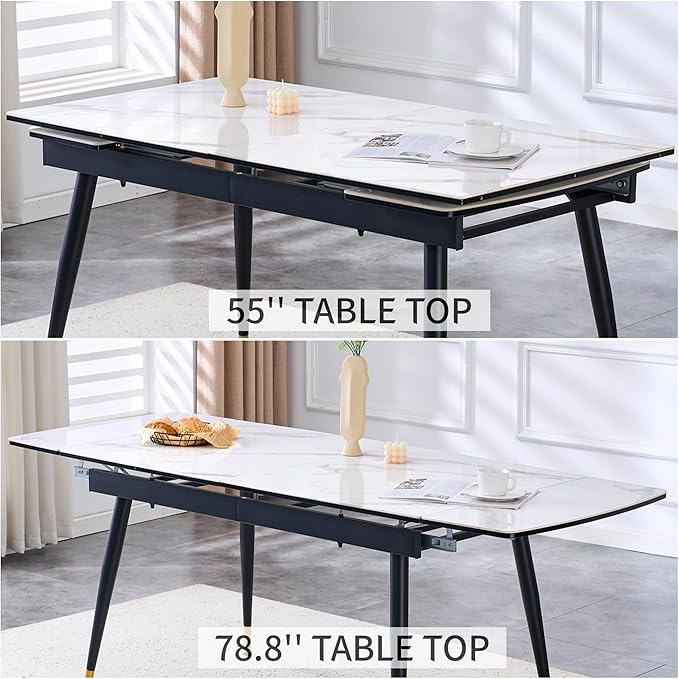 Extendable Dining Table Set for 4, 55'' to 78.8'' Rectangular Thickened Sintered Stone Kitchen Table with 4 Upholstered Chairs, Modern Space Saving 5-Piece Dinner Table Set