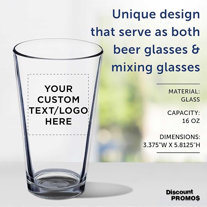 DISCOUNT PROMOS Custom Beer Pint Glasses 16 oz. Set of 10/50/100, Personalized Bulk Pack - Heavy Duty Glassware for Restaurant, Thick Base and Walls, Stackable - Clear