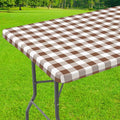 Smiry Rectangle Picnic Table Cloth, Elastic Waterproof Fitted Vinyl Tablecloths, Flannel Backed Buffalo Plaid Table Covers for Dining, Camping, Outdoor (White and Brown, 30" x 96")