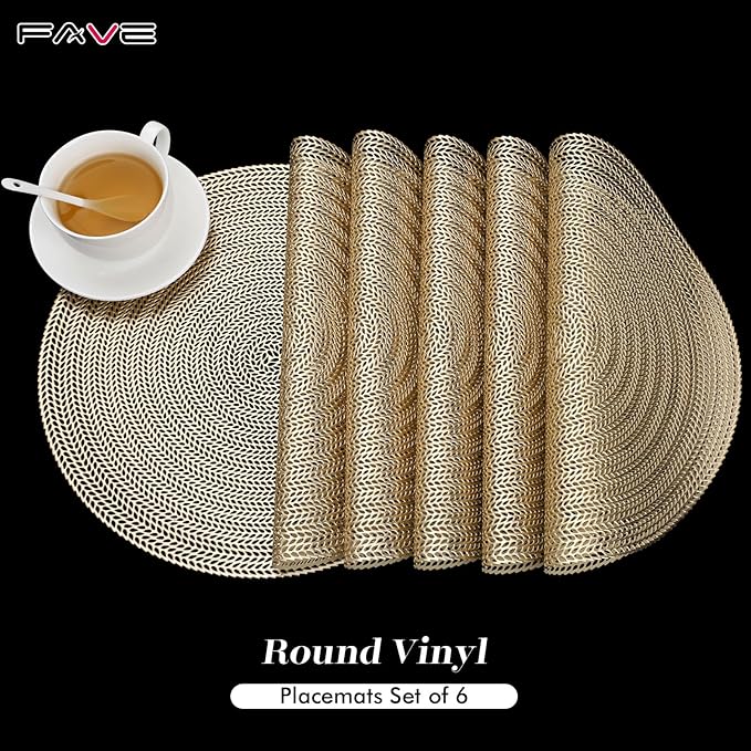 FAVE 4PCS Gold Vinyl Round Placemats, Wheat Sheaf Design 15 Inch Placemats Set of 4 Washable for Dining, Events, Banquet, Home & Daily Use (Gold Wheat,4pcs)