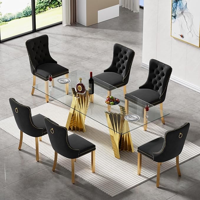 7 Piece Glass Dining Table Set,70" Dinner Room Glass Table Set for 6,Modern Kitchen Dinner Table Set with Stainless Steel Base and 6 Upholstered Velvet Dining Chairs for Living Dining Room
