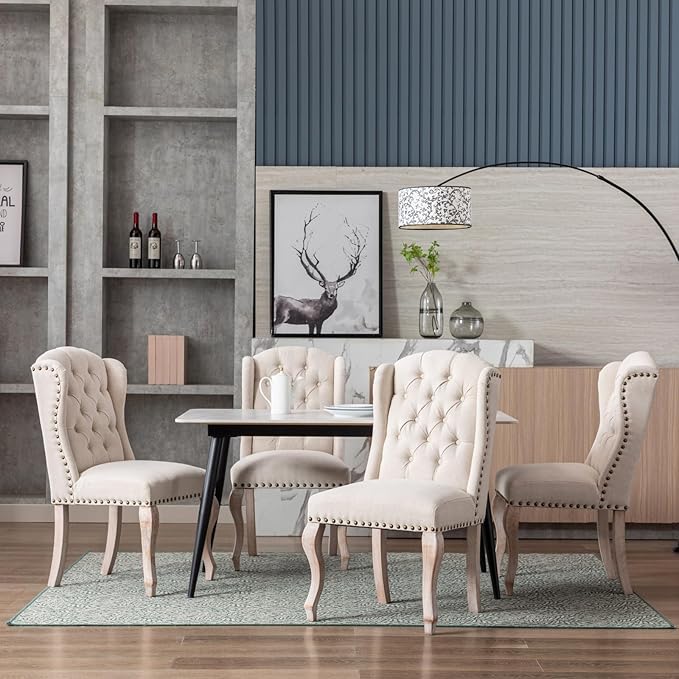 chairus Tufted Parsons Dining Chairs Set of 8, French Country Upholstered Dining Room Chairs with Nailhead Trim & Curved Wood Legs, Farmhouse High Back Armless Side Kitchen Chairs, Beige Linen