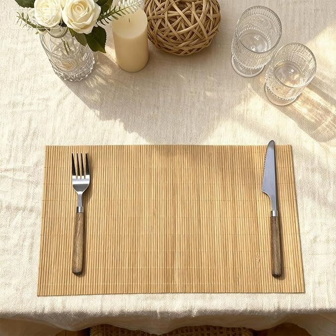 6-Pack Bamboo Placemats,Woven Heat-Resistant Rectangular Table Mats, Natural Dining Place Mats, Rustic Japanese Style Wood Mats for Indoor Dining, Kitchen and Party Use, Coffee
