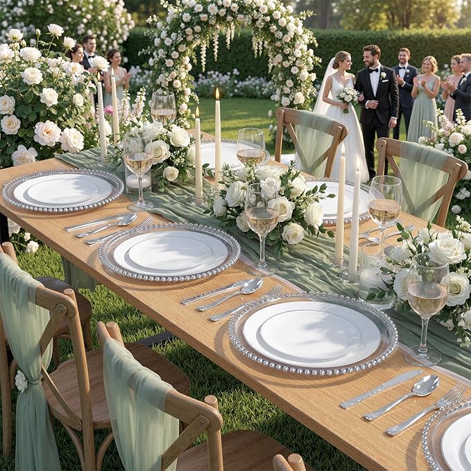 KIRE 100PCS Silver Plastic Plates - Heavy Duty White Disposable Plates with Silver Rim for Party/Wedding - Include 50Pcs 10.25inch Dinner Plates and 50Pcs 7.5inch Dessert Plates for Christmas