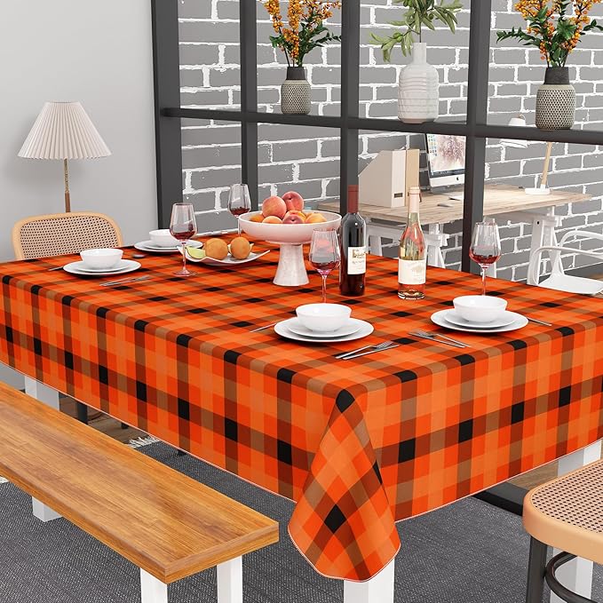 misaya Rectangle Waterproof Vinyl Table Cloth, Buffalo Flannel Backed Tablecloth, Wipeable Plastic Table Cover for Dinner, Kitchen, Picnic (60" x 102", Black and Orange and Yellow)