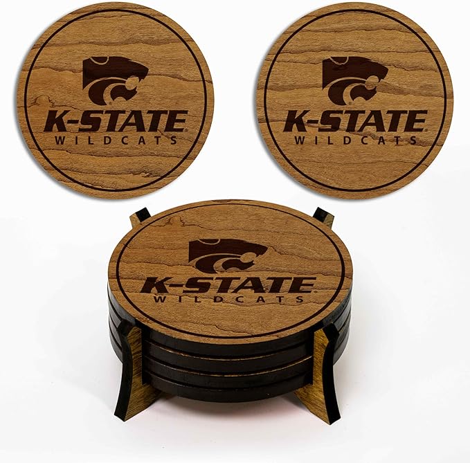 LazerEdge Kansas State Wildcats Wooden Coaster Set - Cherry Wood - Officially Licensed Product - 4-Pack