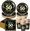 Pickmesh 250 Pcs 50th Birthday Disposable Tableware Set Black and Gold Cheers to 50 Years Disposable Paper Plates Napkins and Cups for 50th Birthday Wedding Anniversary Supplies Decorations