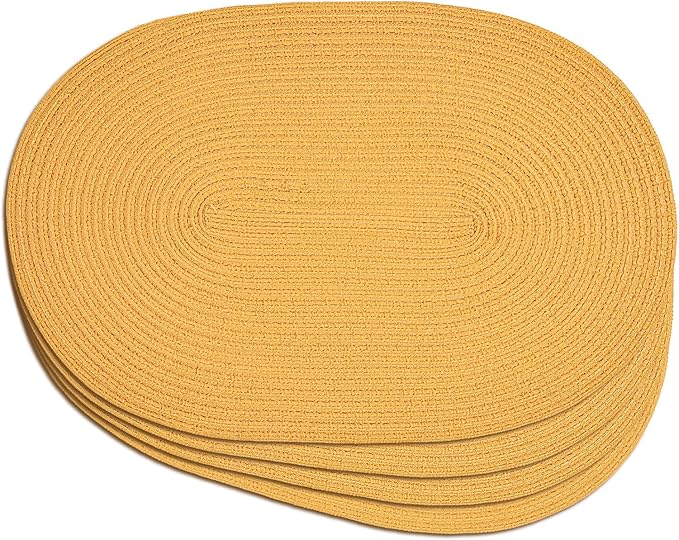 Noctiflorous Oval Braided Placemats Set of 4 Woven 12x18 Inch Non Slip Washable Heat Resistant Place Mats Round Tablemats for Dining Kitchen Party Daily Table Decor Dinner Mats (Solid Yellow, 4)