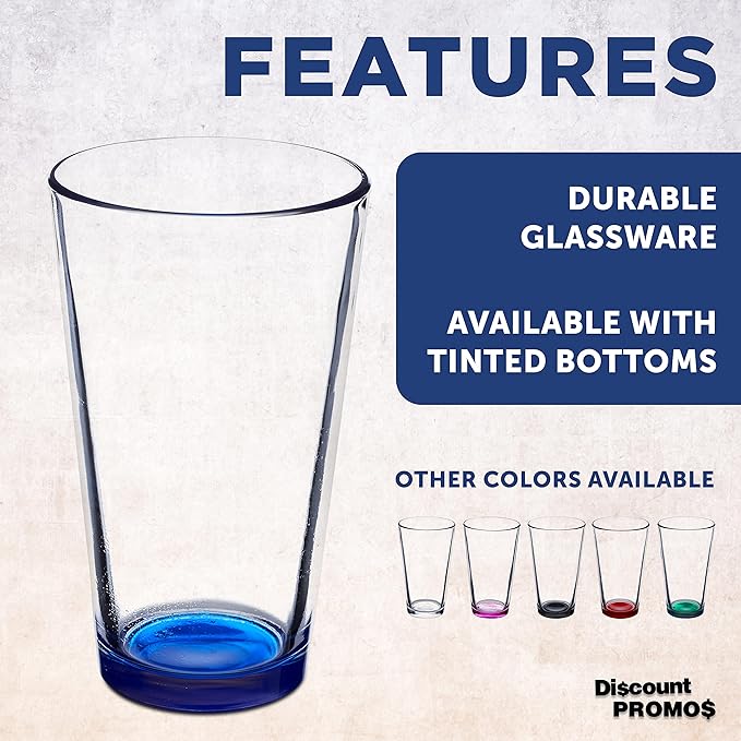 DISCOUNT PROMOS Beer Pint Glasses 16 oz. Set of 10, Bulk Pack - Heavy Duty Glassware for Restaurant, Thick Base and Walls, Stackable - Blue