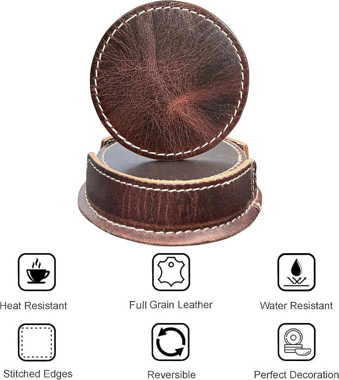 Leather Coasters for Drinks - Cup Coaster Coffee Table Kitchen Table Bar - Set of 6 with Holder for Table Top Protection - Luxurious Home Decor & Housewarming Gift