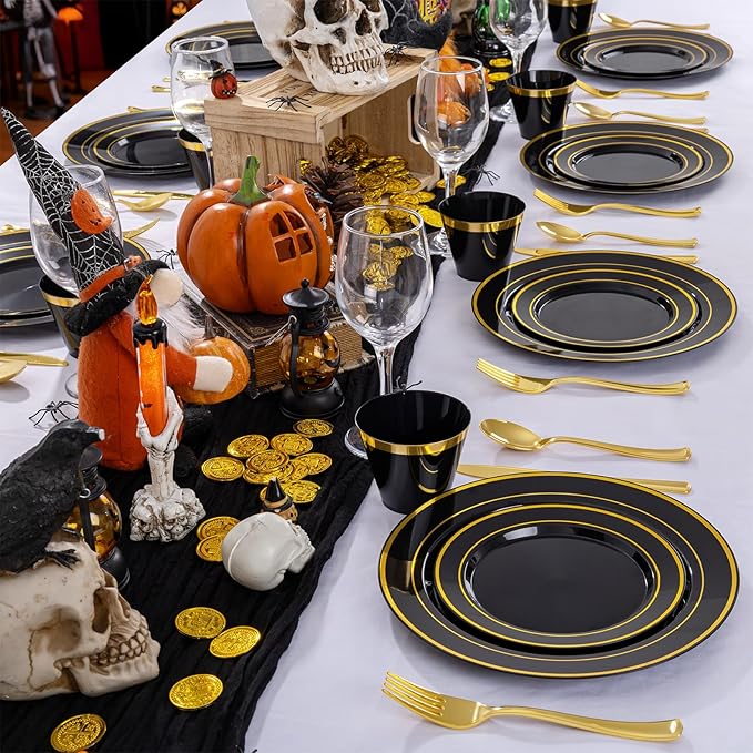 WELLIFE 600 PCS Black and Gold Disposable Dinnerware Set for 100 Guests, Gold rimmed Plastic Dinner Plates,Salad Plates,Cups,Silverware Set for New Year Party Supplies