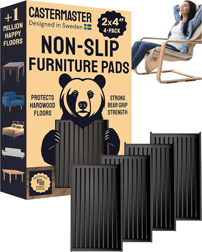CasterMaster Antiskid Furniture Pads Rectangular, Non-Slip Rubber Caster Cups, Anti-Sliding Floor Protectors for Furniture - Black, 2'' x 4'' (Pack of 4) - Floor Protectors for Chairs