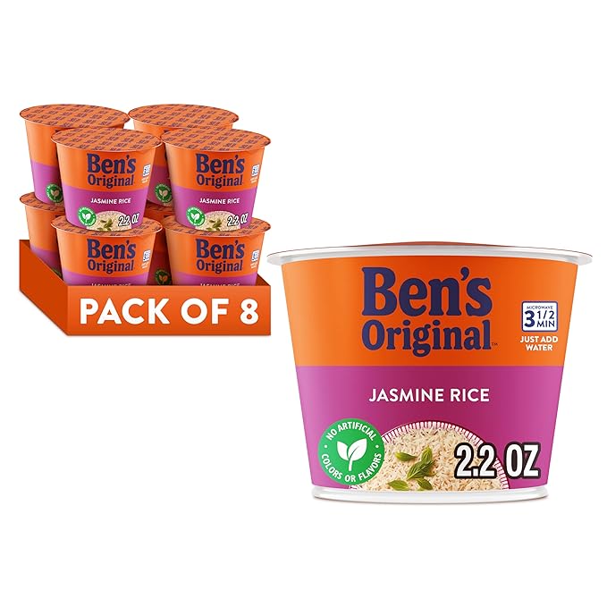 BEN'S ORIGINAL Jasmine Rice Single Serve Cup, Snack or Side, Microwave in 3.5 Minutes, 2.4 oz (Pack of 8)