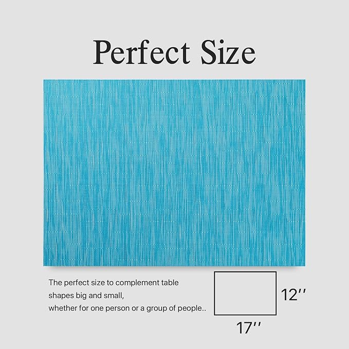 Placemats Set of 8 - Easy Clean Woven Vinyl Placemats for Dining Table, Indoor/Outdoor Place Mats, Washable PVC Table Mats（Teal Blue）