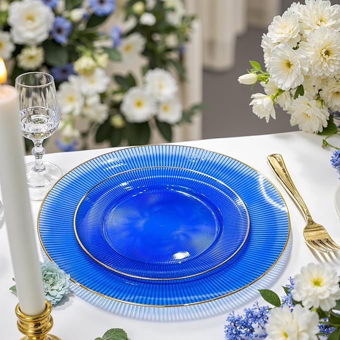 Hioasis 60pcs Blue Gold Plastic Plates - Gold Disposable Dinnerware Set, 30pcs Dinner 10.25in & 30pcs dessert 7.5in plates with striped designs for party & wedding