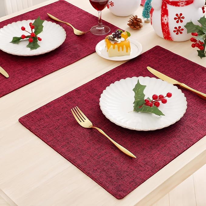 homing Cotton Linen Placemats Set of 6, Cloth Washable Farmhouse Dining Table Mats for Indoors & Outdoors, Easy to Clean, Red, 13 x 19 Inch