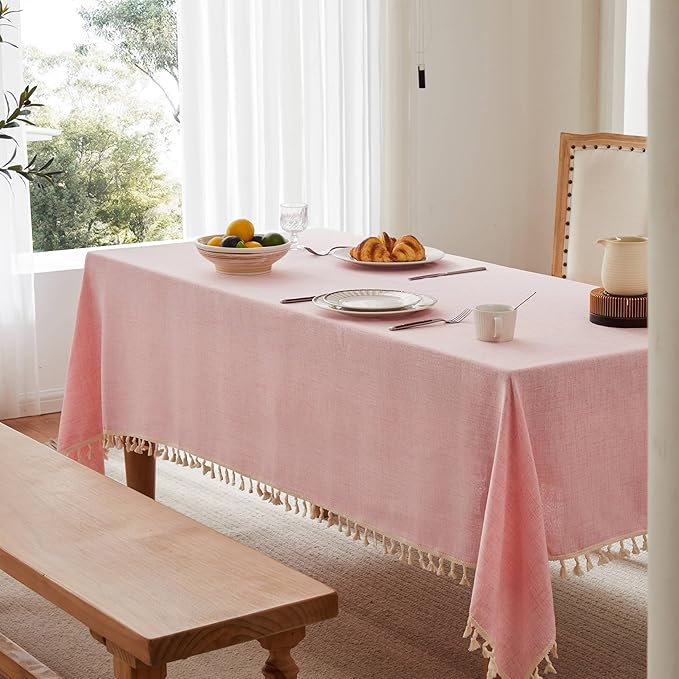 Linen Tablecloth with Tassels, Farmhouse Style Pink Tablecloth, Water Resistant Burlap Tablecloths for Rectangle Table, 52x70 Inch Pink