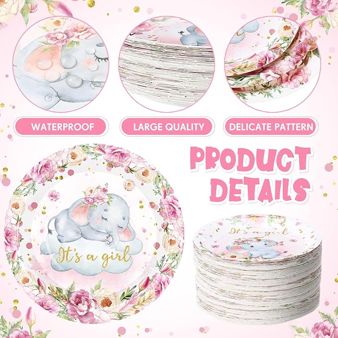 7 Inch Pink Elephant Baby Shower Paper Plates 60 Pcs It's a Girl Tableware Decorations Baby Shower Plate for Girl Gender Reveal Plates Party Supplies for Pink Floral Party