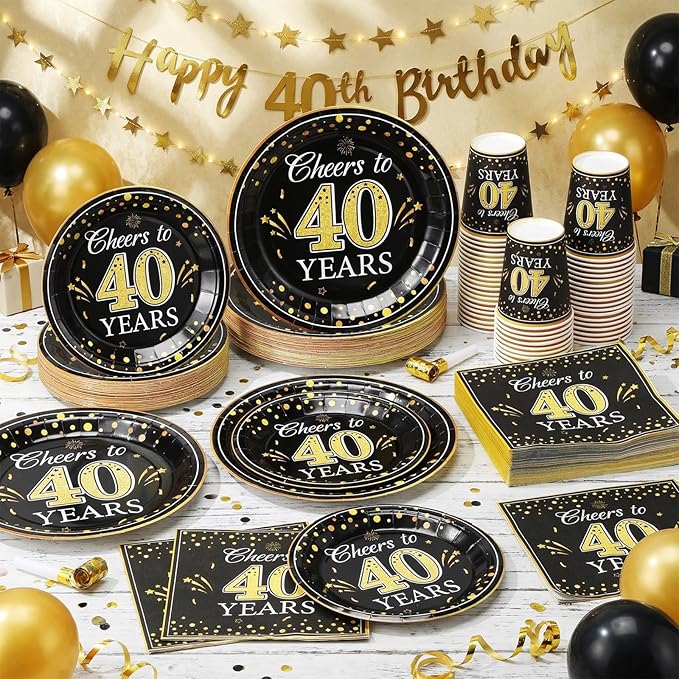 Pickmesh 250 Pcs 40th Birthday Disposable Tableware Set Black and Gold Cheers to 40 Years Disposable Paper Plates Napkins and Cups for 40th Birthday Wedding Anniversary Party Supplies Decorations