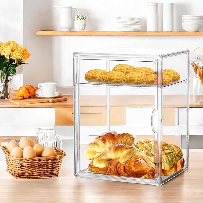 Attelite Pastry Display Case,4 Layers Adjustable Clear Bread Box for Kitchen Countertop,Bread Storage with Magnetic Door Bakery Pastry Display15.5x11.4x9.8inch