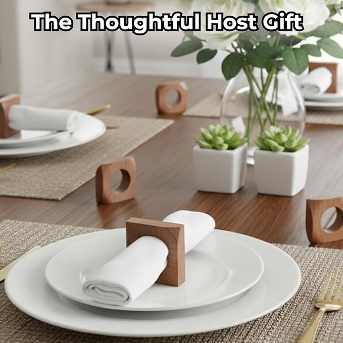 CLEENTABLE Wooden Napkin Rings Set of 12 Fall Decor for Home Square Acacia Wood Napkin Holders for Dining Table Settings Wood Napkin Ring Rustic Table Décor for Weddings, Parties, and Everyday Use