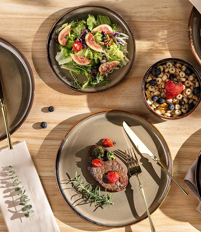 TheTerra Ceramic Dinnerware Sets for 8, 24 Pieces Handmade Reactive Glaze Plates and Bowls Set, Scratch Resistant Dish Set, Oven & Microwave & Dishwasher Safe, Cocoa Clay