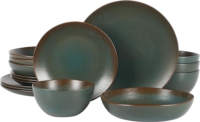 Bloomhouse - Two Time Oprah's Favorite Things Winner - Palermo Sun Double Bowl Stoneware Reactive Glaze Plates and Bowls Dinnerware Set - Agave Blue, Service for Four (16pcs)