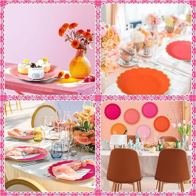 96 Pcs Pink and Orange Paper Plates 9 Inch Scalloped Paper Plates Disposable Dinner Dessert for Birthday Wedding Bridal Party Supplies, 6 Colors
