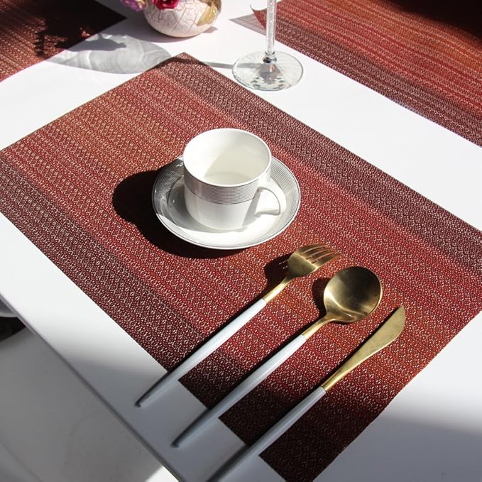 Placemats Washable Easy to Clean PVC Placemat for Kitchen Table Heat-resistand Cross Weave Vinyl Round Table Mats 12x18 inches Set of 6 （Red）