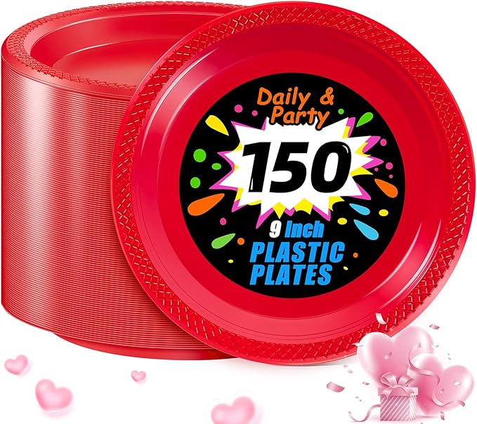 WELLIFE Red Party Plates 9 Inch -150 Count, Plastic Disposable Plates for Dinner Party Easter Mother's Day