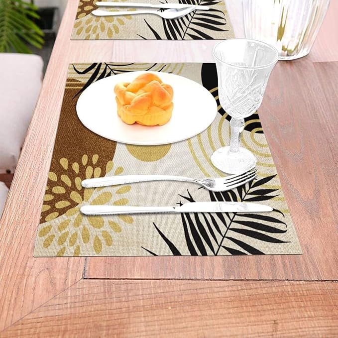 Boho Mid Century Placemats Abstract Golden Dots Leaves Modern Geometric Minimalist Aesthetic Washable Place Mats 12x18Inch for Dining Kitchen Farmhouse Decor 6 PCS