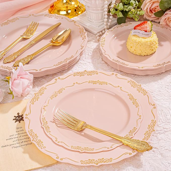 DaYammi 150Pcs Pink Plastic Plates with Gold Rimmed & Gold Silverware,Pink Disposable Plates for Party Include 30 Dinner Plate,30 Dessert Plate,30 Knives,30 Forks,30 Spoons for Valentine's Day Party