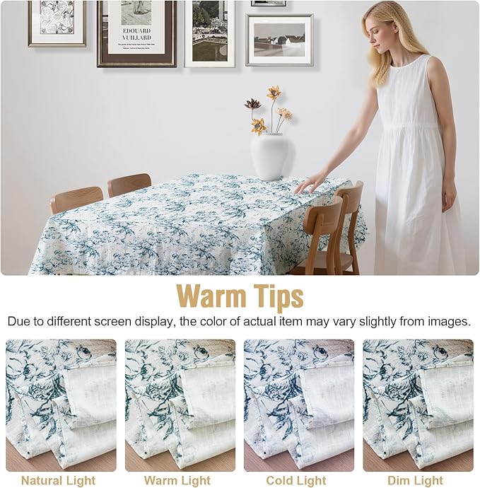H.VERSAILTEX Linen Table Cloths Floral Printed Tablecloth Spill-Proof Waterproof Table Cover for Dining Buffet Feature Soft and Thick Fabric Wrinkle Free, 60 x 84 Inch, Vintage Botanical - Blue
