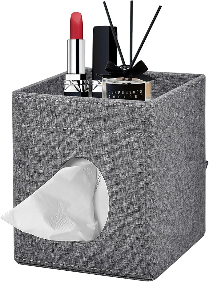 Tissue Box Cover with Storage Tray Square Tissue Box Holder PU Leather Facial Tissues Organizer Tray for Bathroom Vanity Bedroom Office Car,Stylish Napkin Caddy Decorative Organizer (Grey)