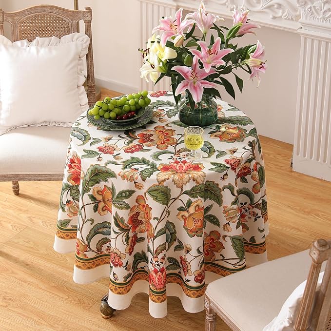 patdrea Designer Vintage Linen Round Tablecloth,Provencal Rustic Floral Pattern Tablecloths,Decorative Table Cover Cloth for Kitchen,Dining Room,Tea Party,Home,Christmas,Diameter 55"
