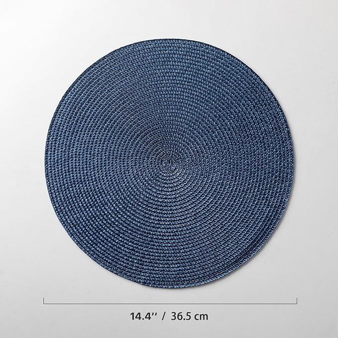 Round Placemat Set of 4 Plastic Woven Placemats Washable Wipeable Table Mats for Dining Table Heat Resistant Non-Slip Circle Place Mats (Navy Blue)