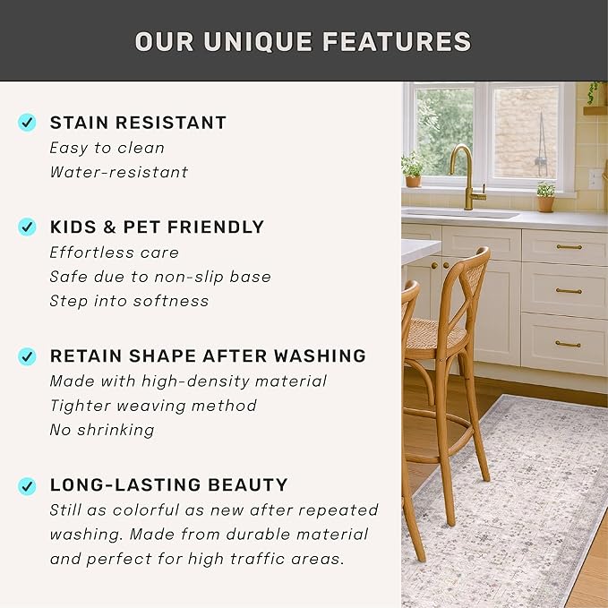 Light Grey 3x4 Large Boho Bathroom Rug - Modern Vintage Eclectic Floral Pastel Neutral Taupe, Washable Low Pile Non-Slip Area Rugs for Entryway, Kitchen, Bedroom Beside Bed, Powder Room