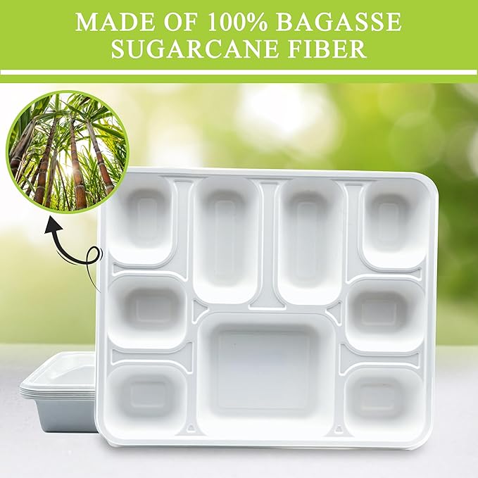three leaf 9 COMPARTMENT BAGASSE RECTANGULAR PLATE, 25 Ct. Heavy-Duty- Super Strong- Natural- Eco-Friendly Disposable Bagasse Plates, 100% Biodegradable 9 compartment plates
