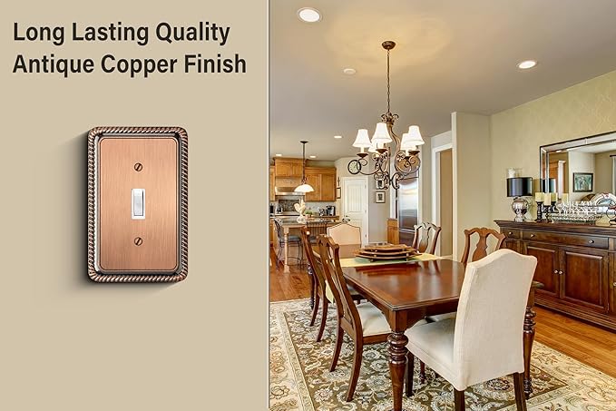 Henne Bery Rope Edge Decorative Wall Plate Switch Plate Outlet Cover (Single Toggle, 2 Pack, Antique Copper)