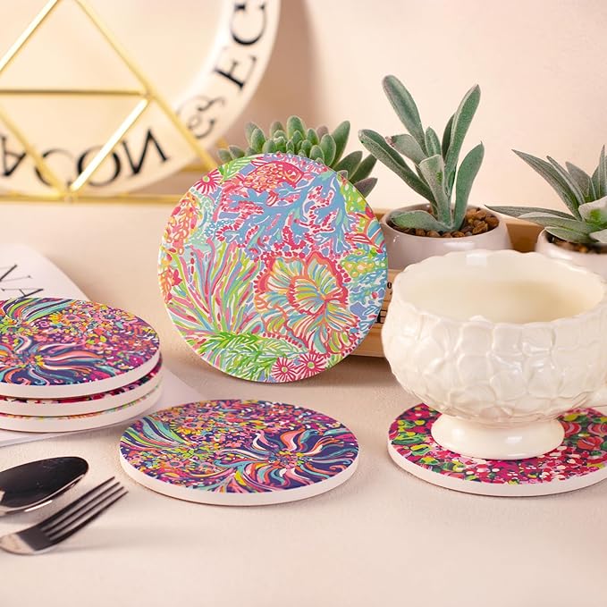 KAMMAK Boho Style Coasters Set of 6 with Cork Base,4in Absorbent Ceramics Art Coaster, Drink Coasters Round Ceramic Table Coasters Set for Decorative, Coffee Cup, Beverage, Wine, Beer, Bar